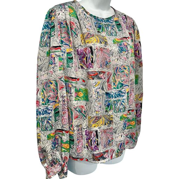 Vintage 80s Gray Rainbow Blue Pink Swirl Satin Scoop Neck Blouse size 10 / M - Picture 8 of 11